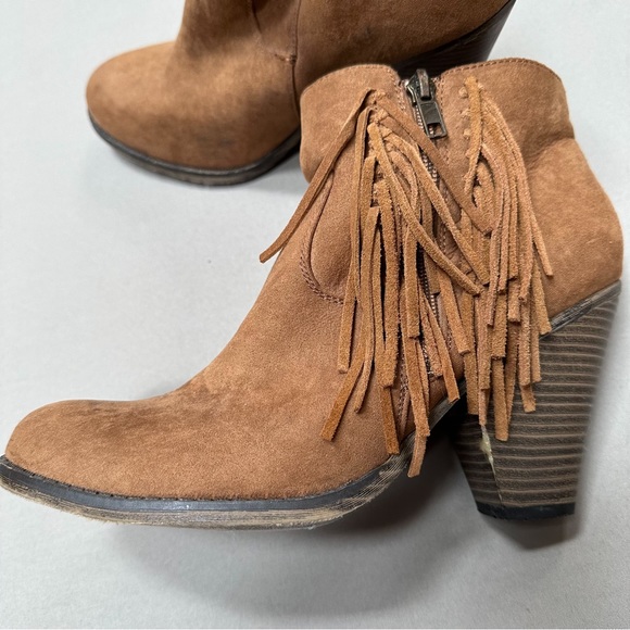 MIA Lissa chestnut brown fringe zipper heeled booties ankle boots, women’s 8.5 - Picture 4 of 10